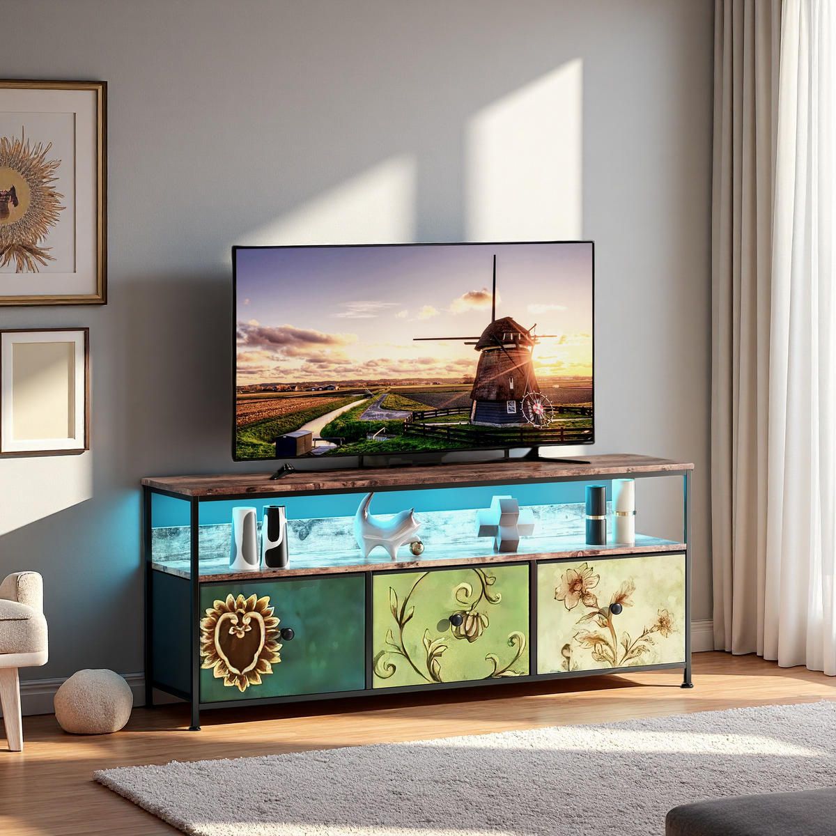 LOWBOARD, TV Schrank mit LED 137x30x57 cm, mit 3 Stoffschubladen und offenen Fächern - Blaugrau, Holz (29.8/57/137cm) - WoodenAura