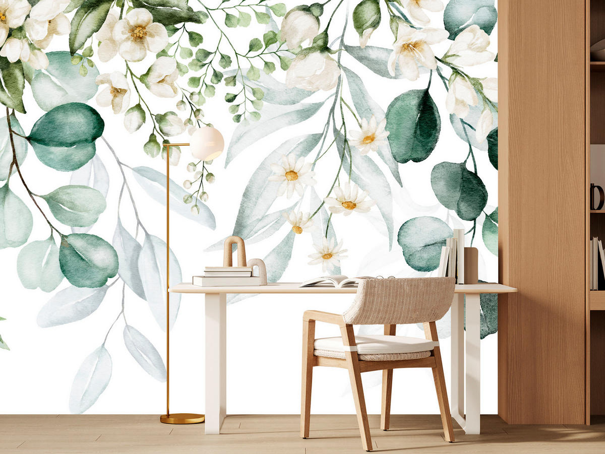 FOTOTAPETE für Schlafzimmer Aquarell Blätter Blumen Weiß 500x350 - Gelb/Weiß, Papier (500/350cm) - Muralo