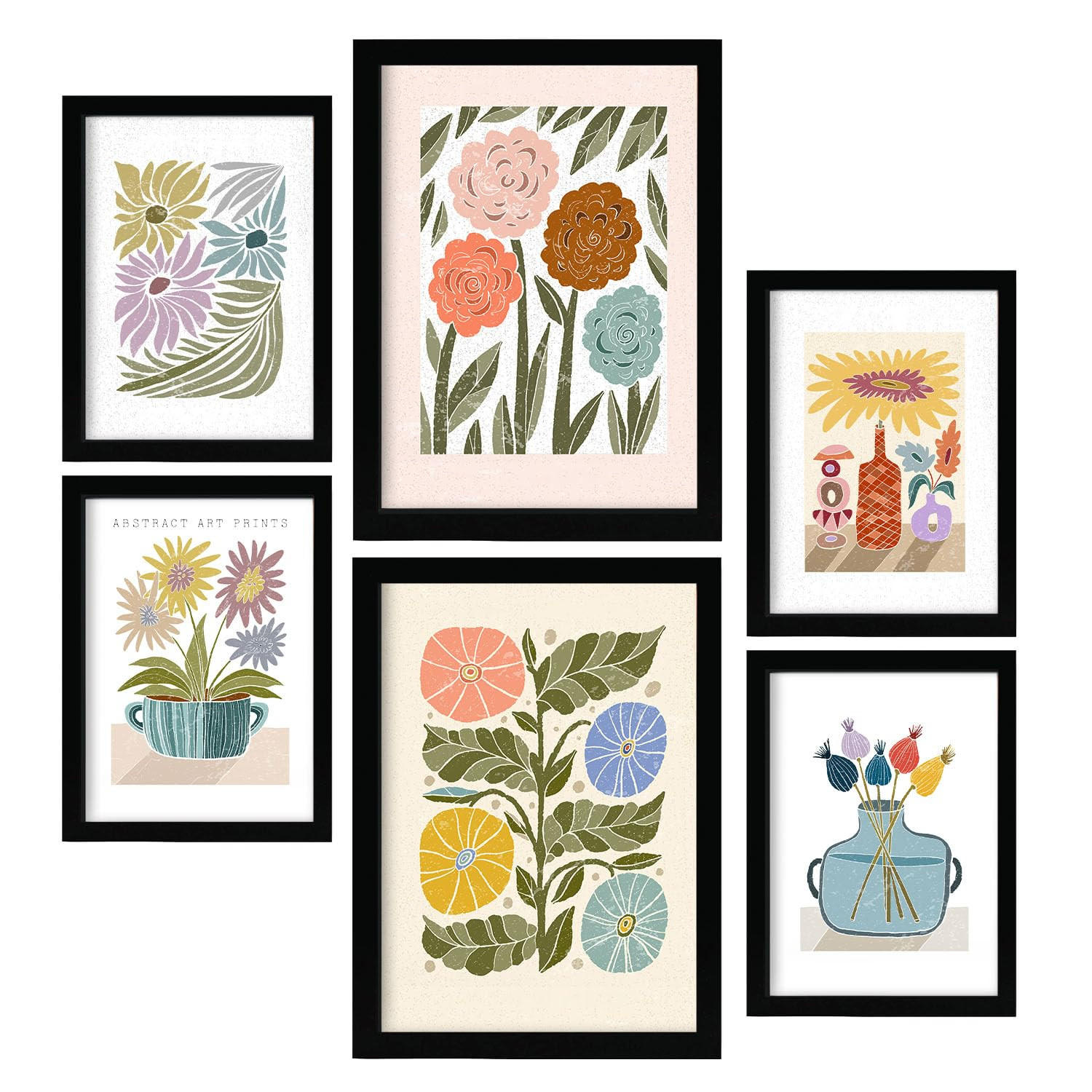 POSTER Set Mit 6 Drucken Blüten In Der Sammlung Ethnischer Style Drucke Dekorative Rahmen Für Ihr Zuhause Wandkunstdruck A3 & A4 Schwarzer Rahmen - Schwarz, Papier (29/3cm) - Nacnic