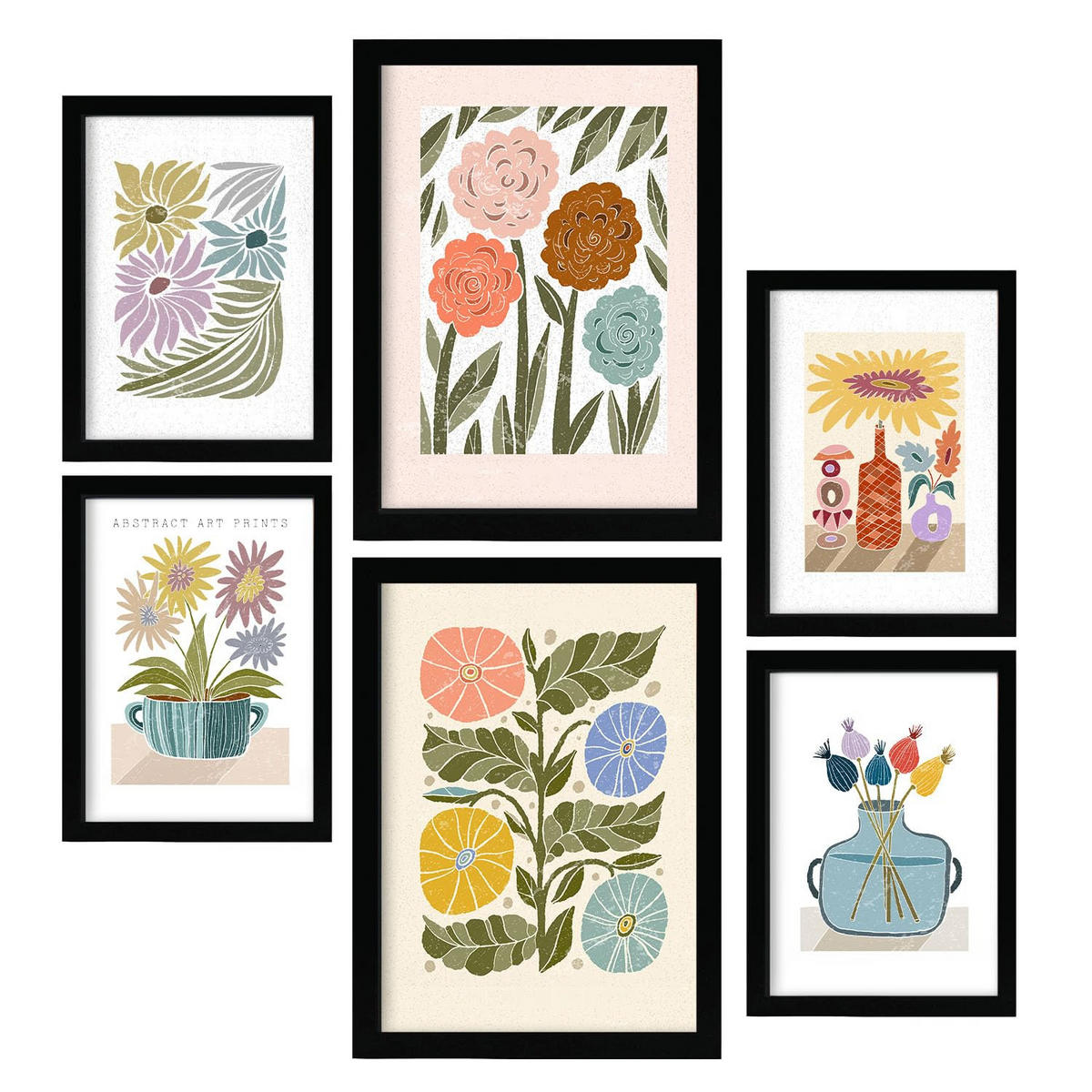 POSTER Set Mit 6 Drucken Blüten In Der Sammlung Ethnischer Style Drucke Dekorative Rahmen Für Ihr Zuhause Wandkunstdruck A3 & A4 Schwarzer Rahmen - Schwarz, Papier (29/3cm) - Nacnic