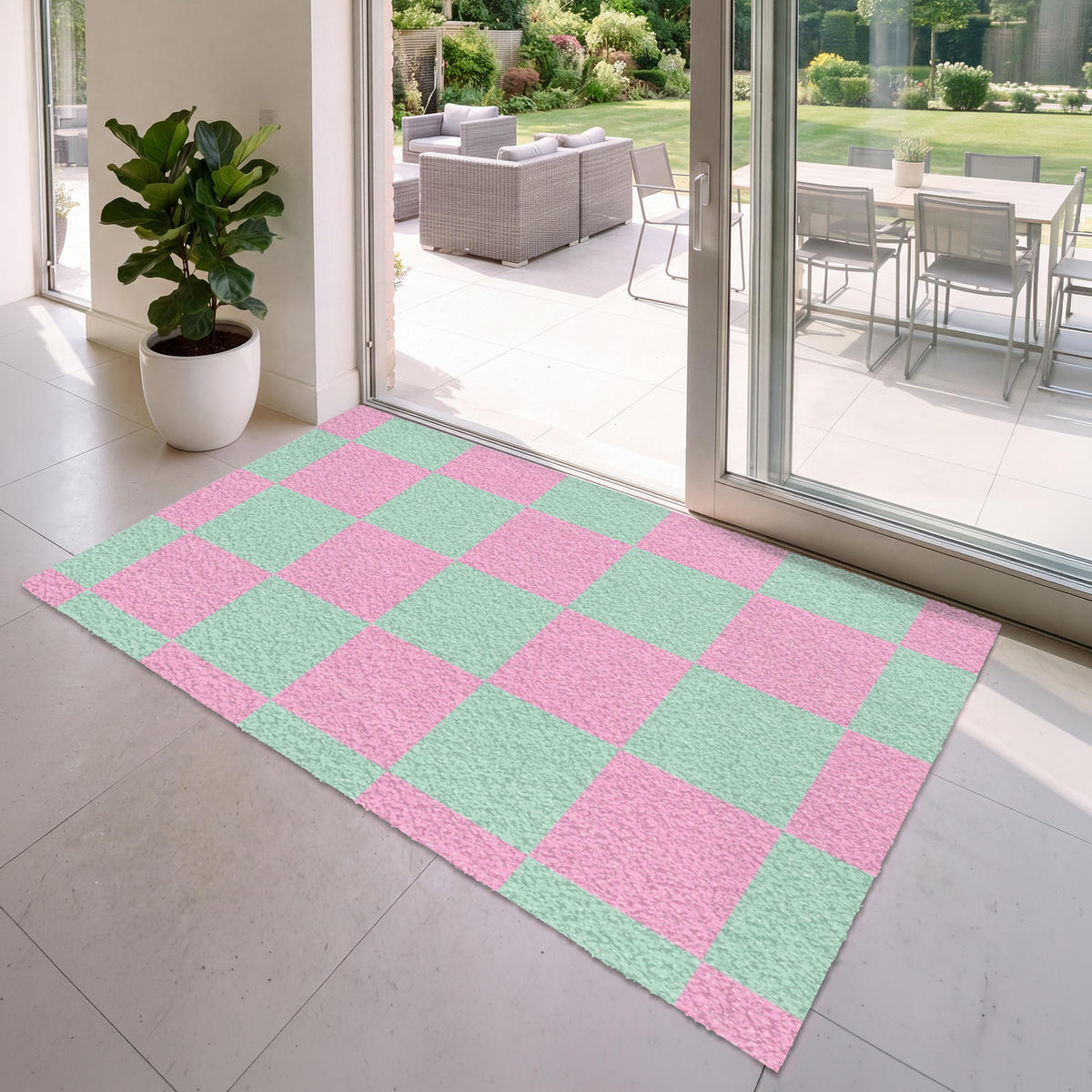 FUSSMATTE Schachbrettmuster - Grün - Rosa - Würfel Fußabtreter 180x120 cm - Mintgrün, Kunststoff (180/120cm) - MuchoWow
