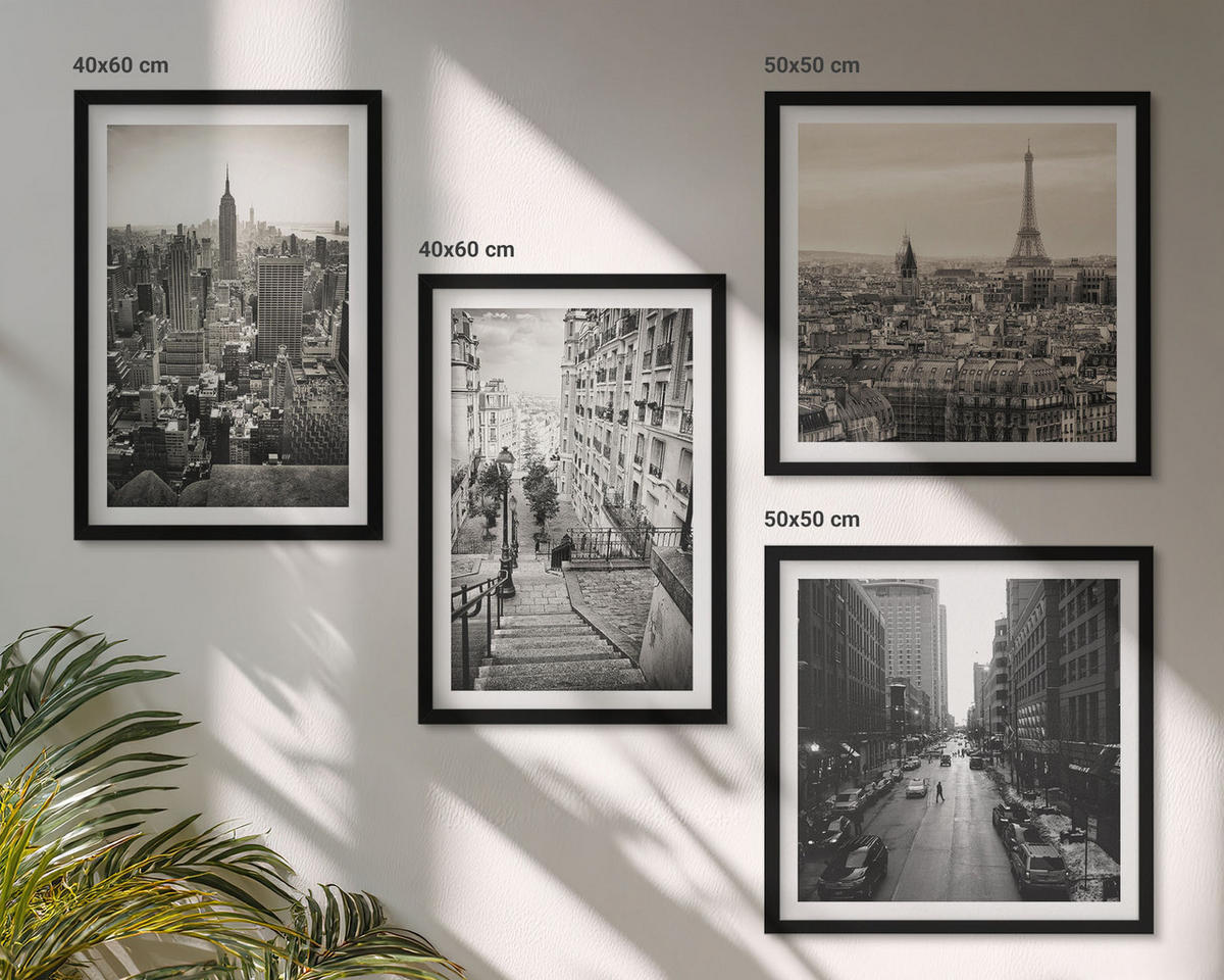 BILDER SET 4er Set - 50x50 cm & 40x60 cm Schwarzer Rahmen - Aussicht Paris New York Treppen - Schwarz, Kunststoff (50/50cm) - TULUP
