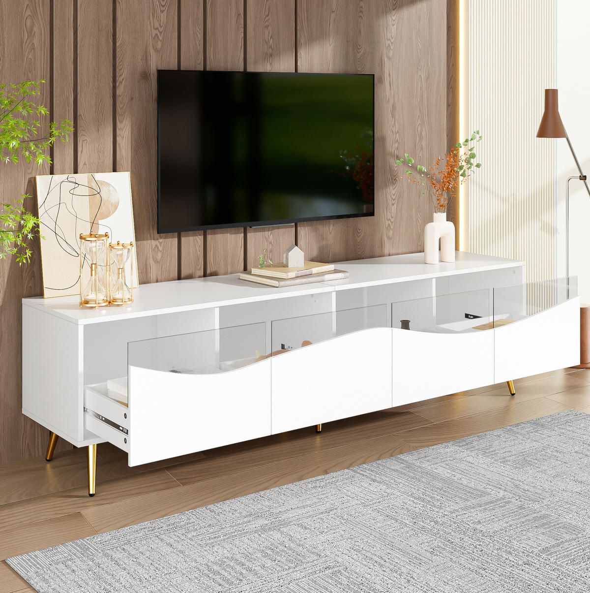 TV-SCHRANK in Weiß mit Glasfronten, LED und goldfarbenen Metallfüßen 180/40/50 cm - Weiß, Holzwerkstoff (180/50/40cm) - Redom