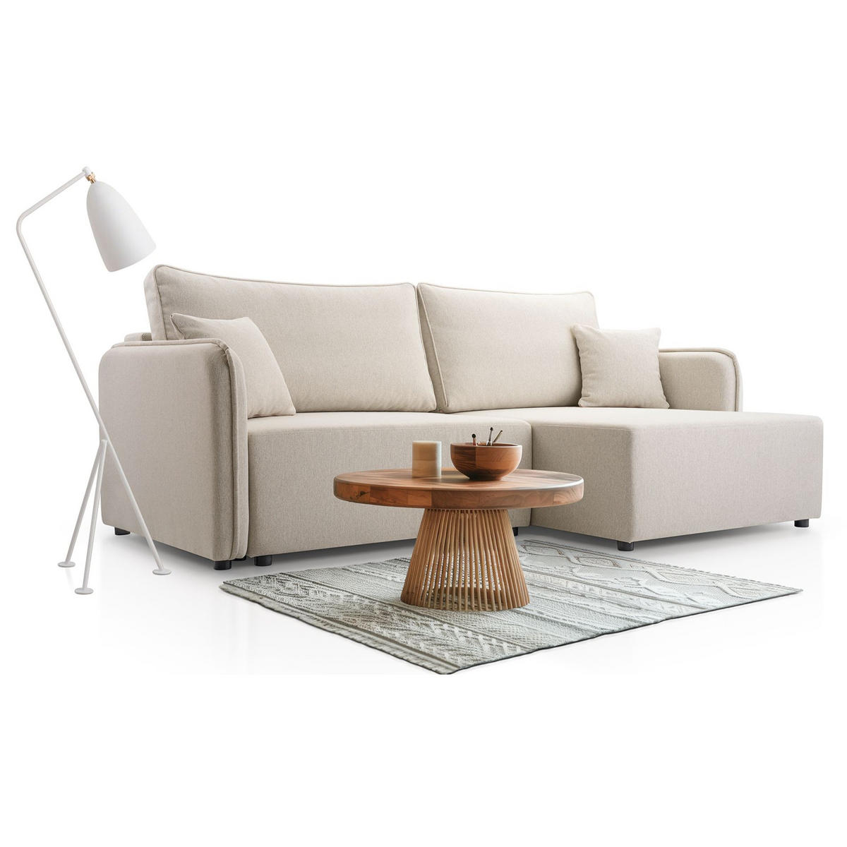 ECKSOFA Kassian, Hellbeige Strukturstoff, rechtsseitig - Ecru/Schwarz, Kunststoff/Textil (227/147cm) - Selsey