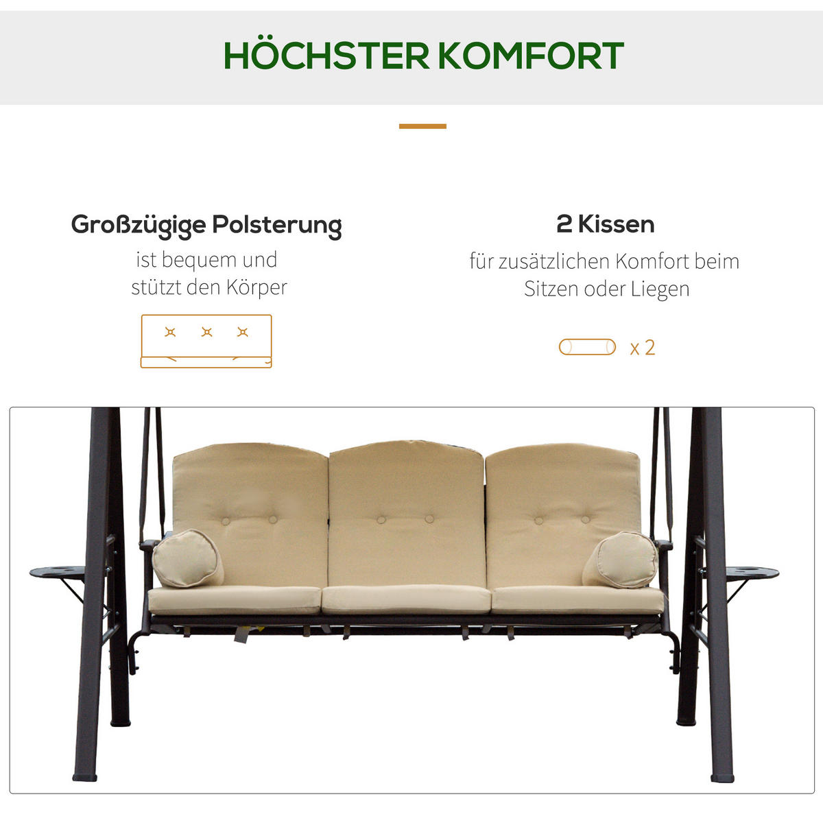 GARTENSCHAUKEL 3-Sitzer mit Sonnendach Kissen Metall Kunststoff Beige+Braun - Beige/Braun, Kunststoff/Metall (208/172/120cm) - Outsunny