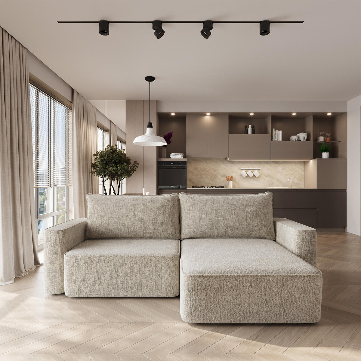 ECKSOFA BELISE BL Creme Chenille mit Schlaffunktion - Creme, Holz/Textil (252/162cm) - MASSENO