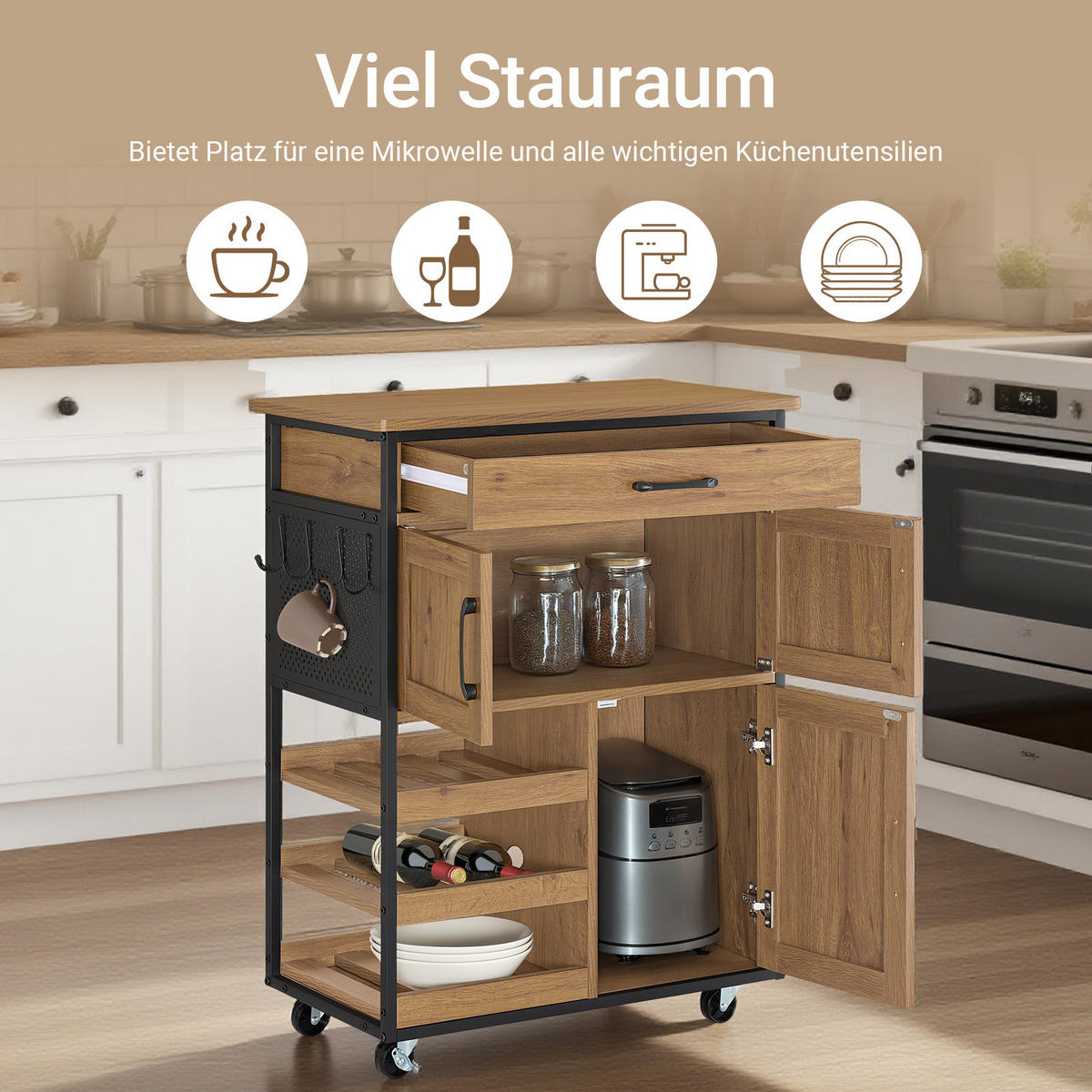 KÜCHENWAGEN mit Arbeitsplatte, Vintagebraun, 67x88x37cm - Naturfarben, Holzwerkstoff (67/88/37cm) - SoBuy