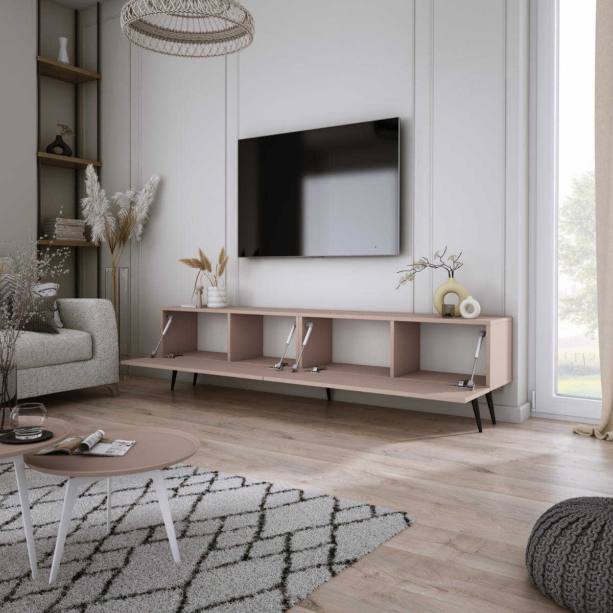 TV-SCHRANK : Karamellbraun, 170 x 52 x 32 cm, schwarze Beine - Schwarz/Braun, Holzwerkstoff/Metall (170/52/32cm) - 3XE LIVING