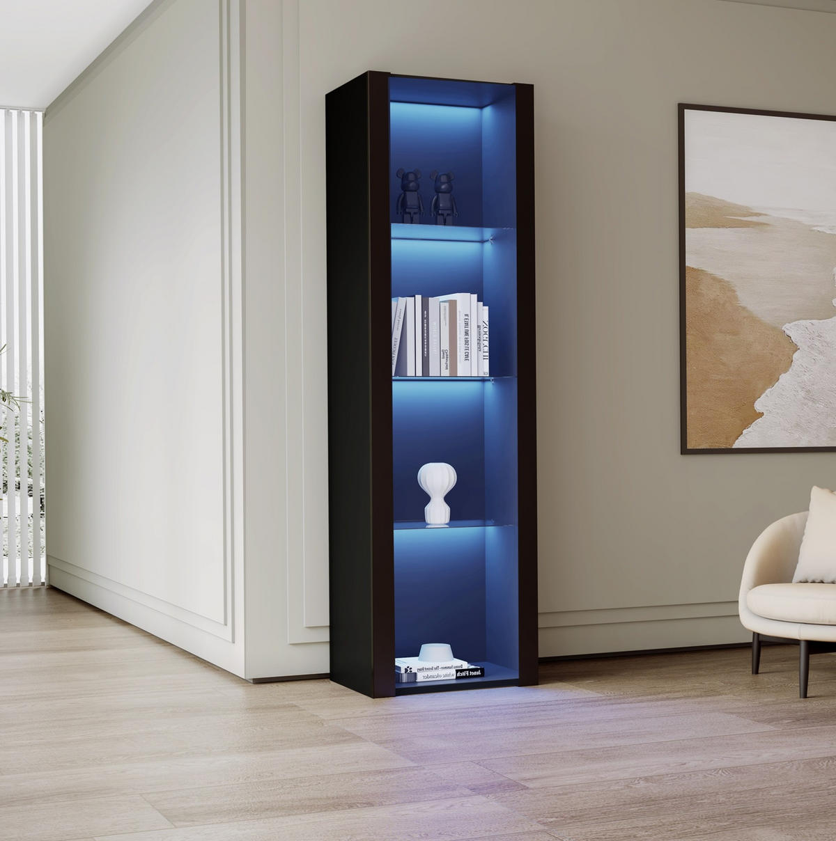 VITRINE 55/38/166 cm in Schwarz Hochglanz mit LED-Beleuchtung - Schwarz, Holzwerkstoff (55/166/38cm) - Flora Grace