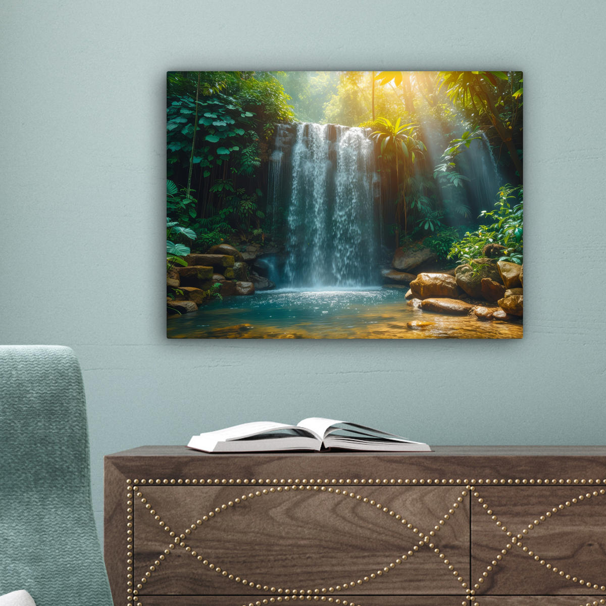 LEINWANDBILD Wasserfall - Dschungel - Sonne - Grün - Natur Wandbild 40x30 cm - Grün, Textil (40/30cm) - MuchoWow