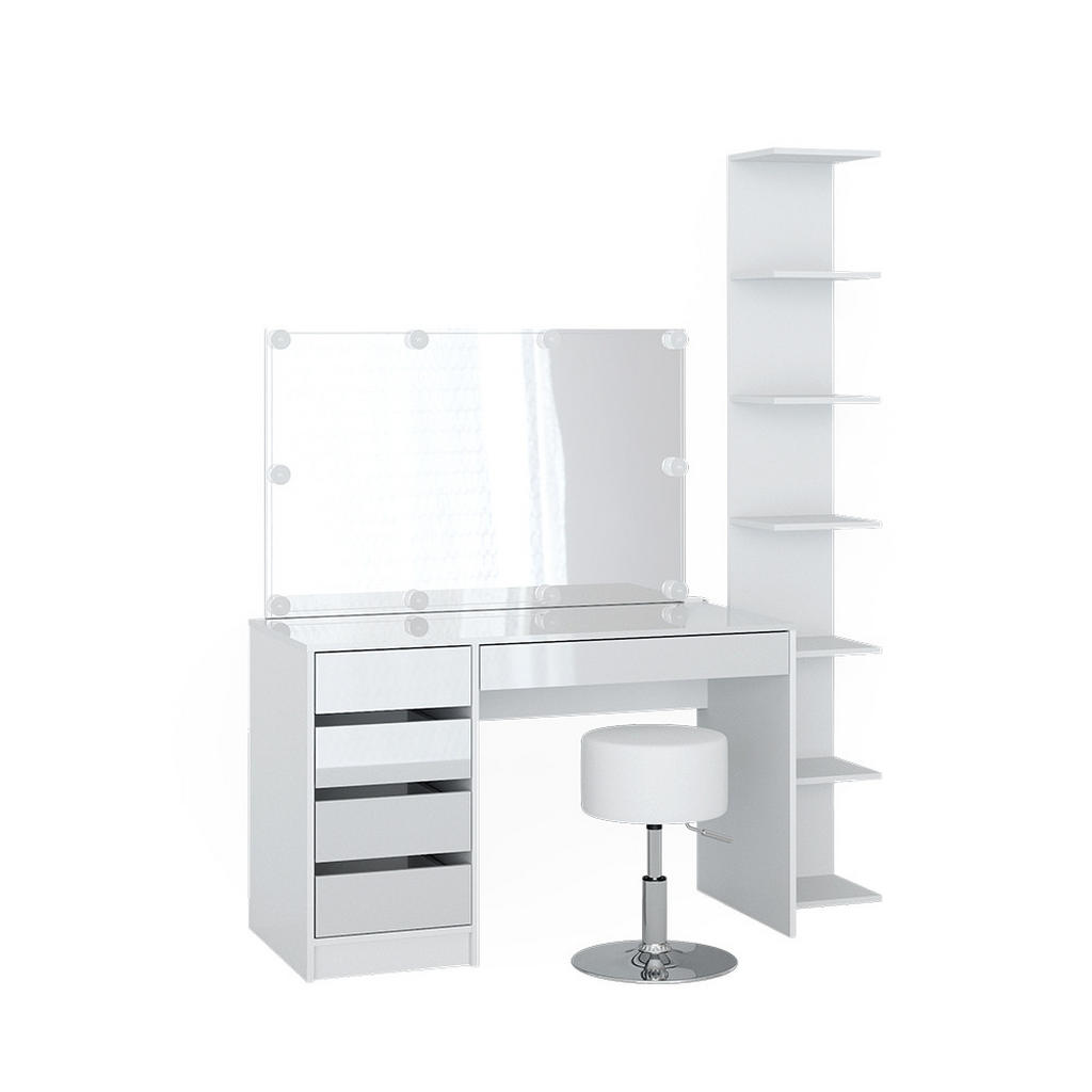 VANITATE Sherry Alb 4 piese, cu raft depozitare, oglinda, taburet, LED