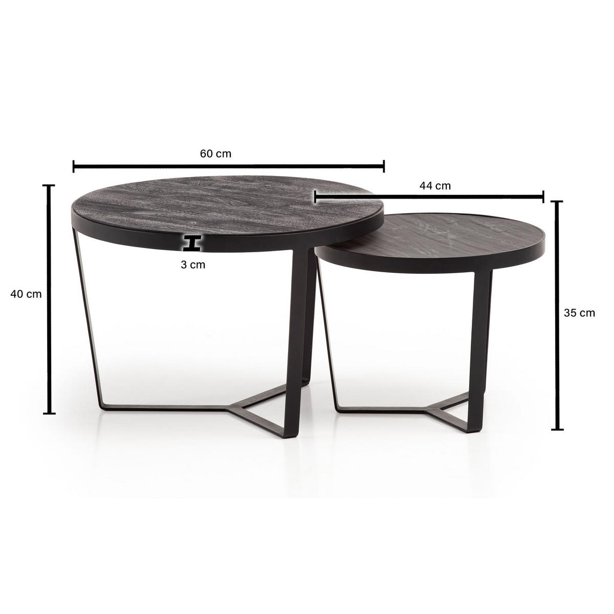 COUCHTISCH Set – 2-teilig Rund Akazie Massivholz Steinoptik Metall Schwarz Anthrazit - Schwarz, Holz/Metall (60/60/40cm) - KADIMA DESIGN