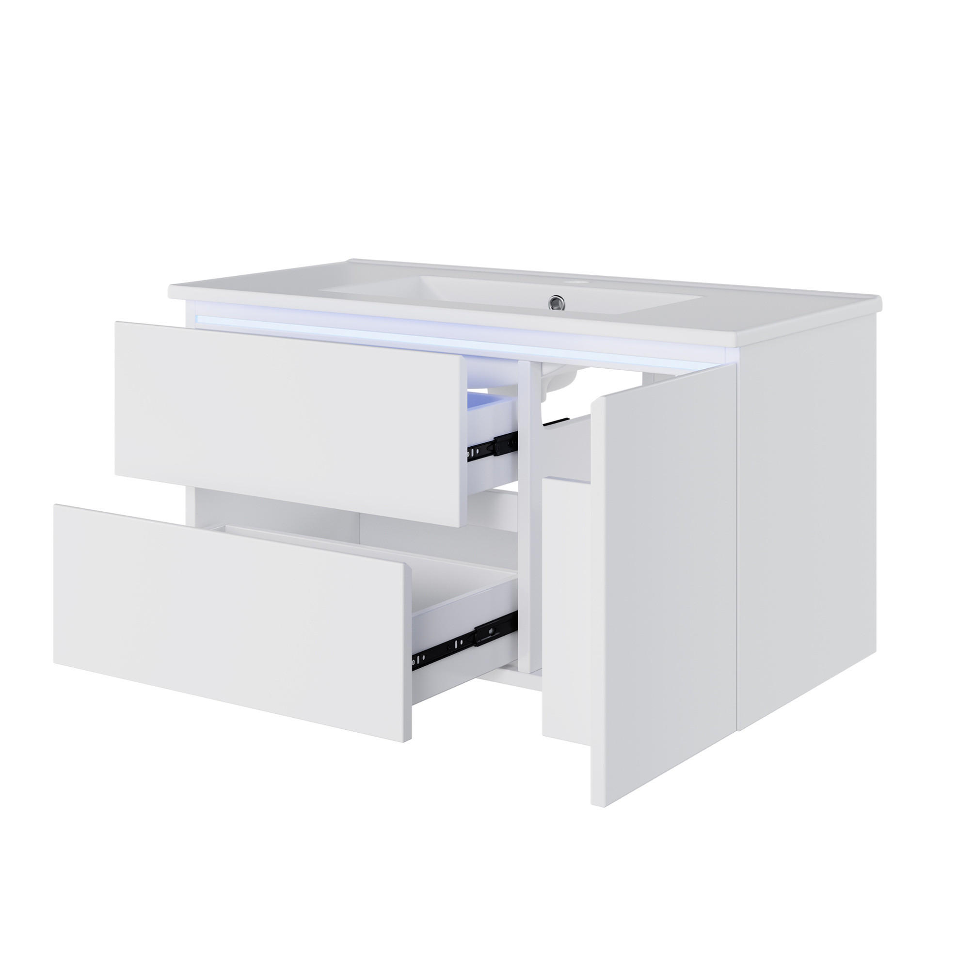 Modfu ZÁVĚSNÁ skříňka pod umyvadlo z MDF a keramiky 91,5x46,5x50,5 cm bílá s LED senzorem, 2 zásuvkami a dvířky