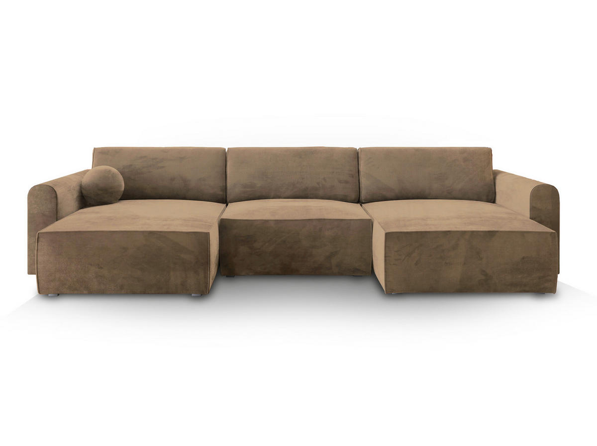 WOHNLANDSCHAFT FENTO M Beige Velours-Stoff mit Schlaffunktion - Beige, Holz (347/90/148cm) - MASSENO