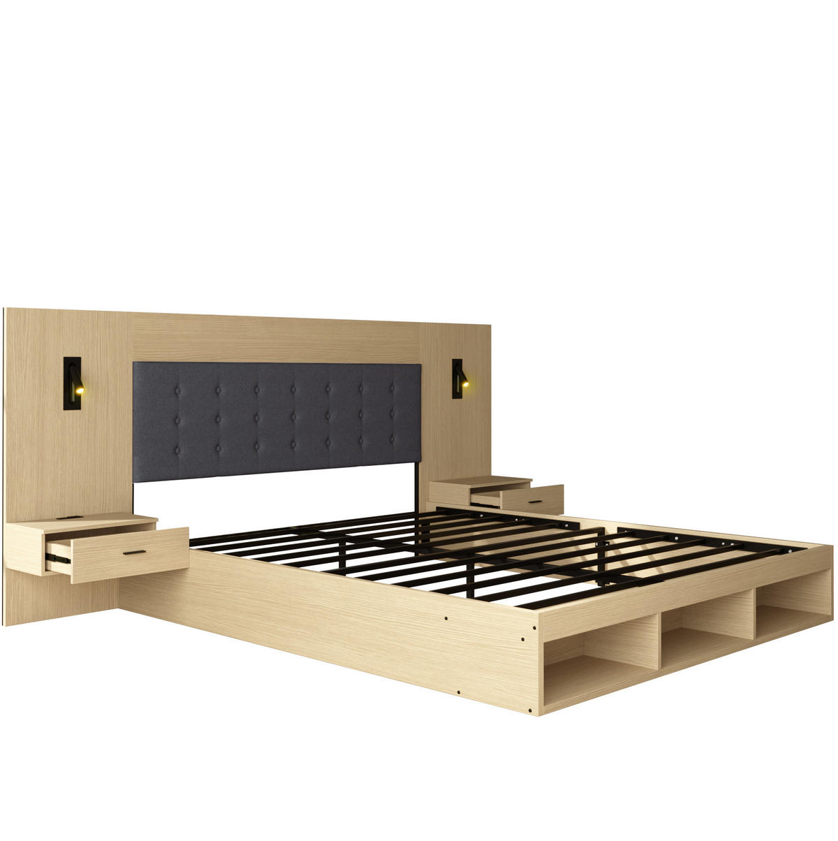 ČALOUNĚNÁ postel 180/200 cm z MDF, světle dubová, se zásuvným úložným prostorem a LED lampou - barva dubu, kompozitní dřevo (180/200cm) - BEAOK