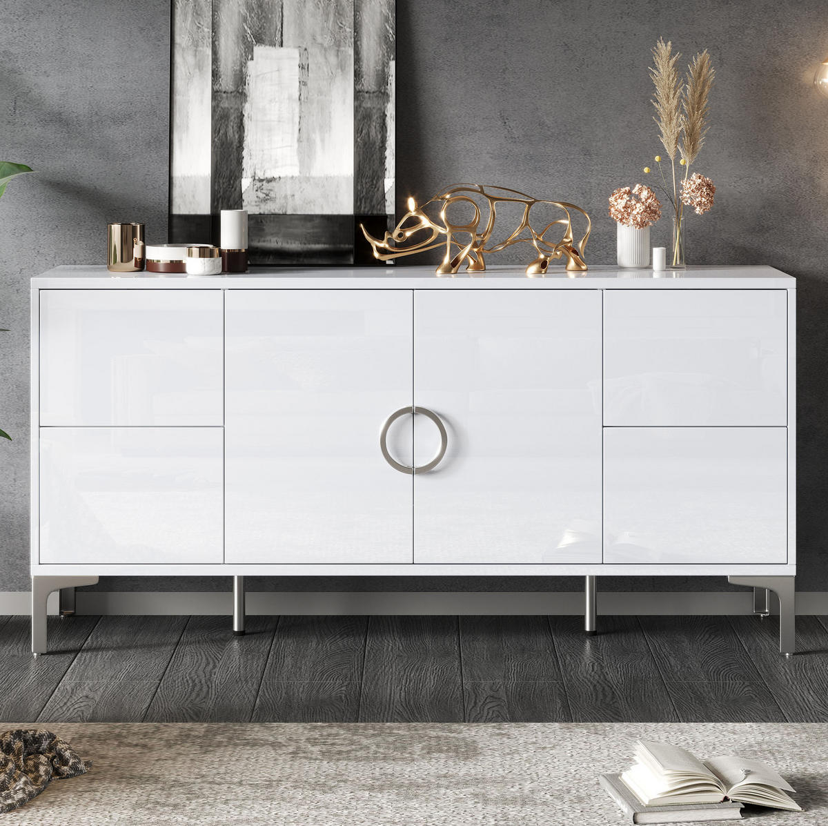 SIDEBOARD aus MDF 150x38x59,5 cm Weiß Hochglanz mit 4 Schubladen und 2 Türen - Weiß, Holzwerkstoff (150/59.5/38cm) - IVMEU