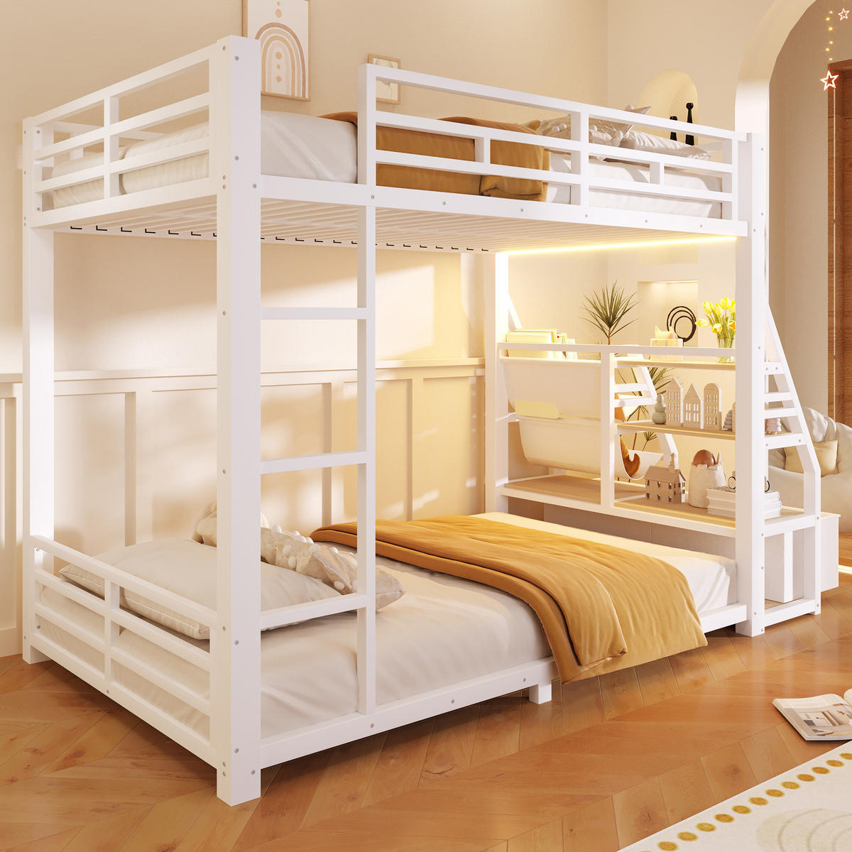 ETAGENBETT 90/200 cm & 90/200 cm in Weiß mit 2 Stoffschubladen, LED und Ablagen - Weiß, Holzwerkstoff/Metall (90/200cm) - STILVORA