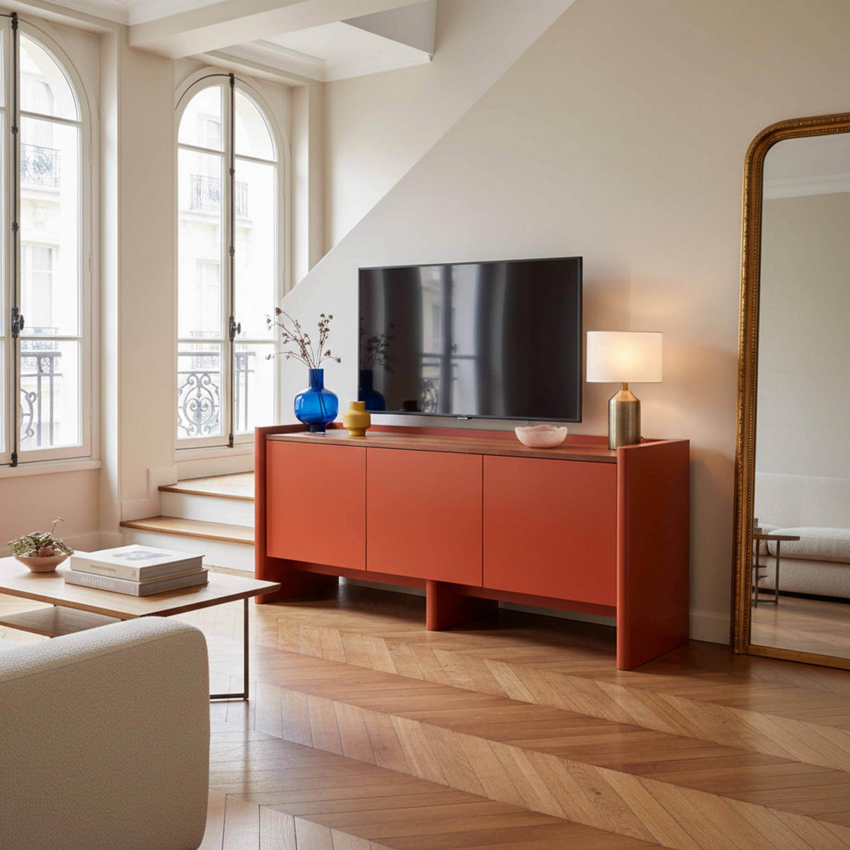 TV-SCHRANK 120 cm, Orange - Orange, Holz (40/55/120cm) - Oviala