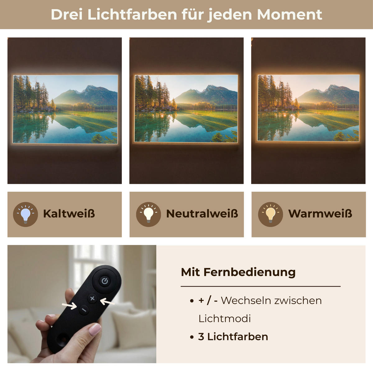 WANDLEUCHTE MIT AKKU See - Wald - Berge - Natur - Sonne - Landschaft 90x60 cm - Grün, Holzwerkstoff (90/60/8cm) - OnlyWow