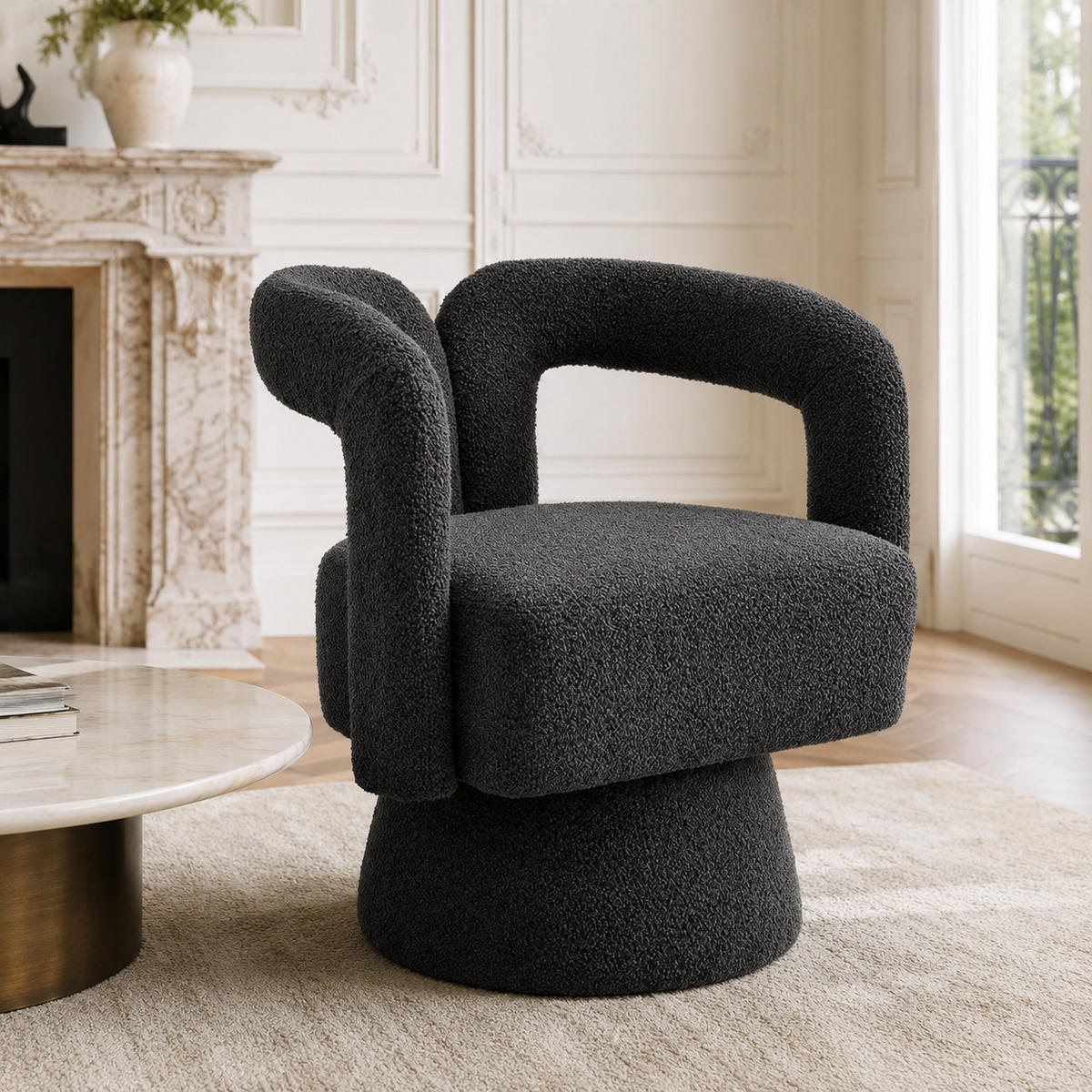 SESSEL 360° drehbar mit Boucle-Bezug, DE-42217, Dunkelgrau - Dunkelgrau, Holzwerkstoff (55/74/67cm) - ComfortXL