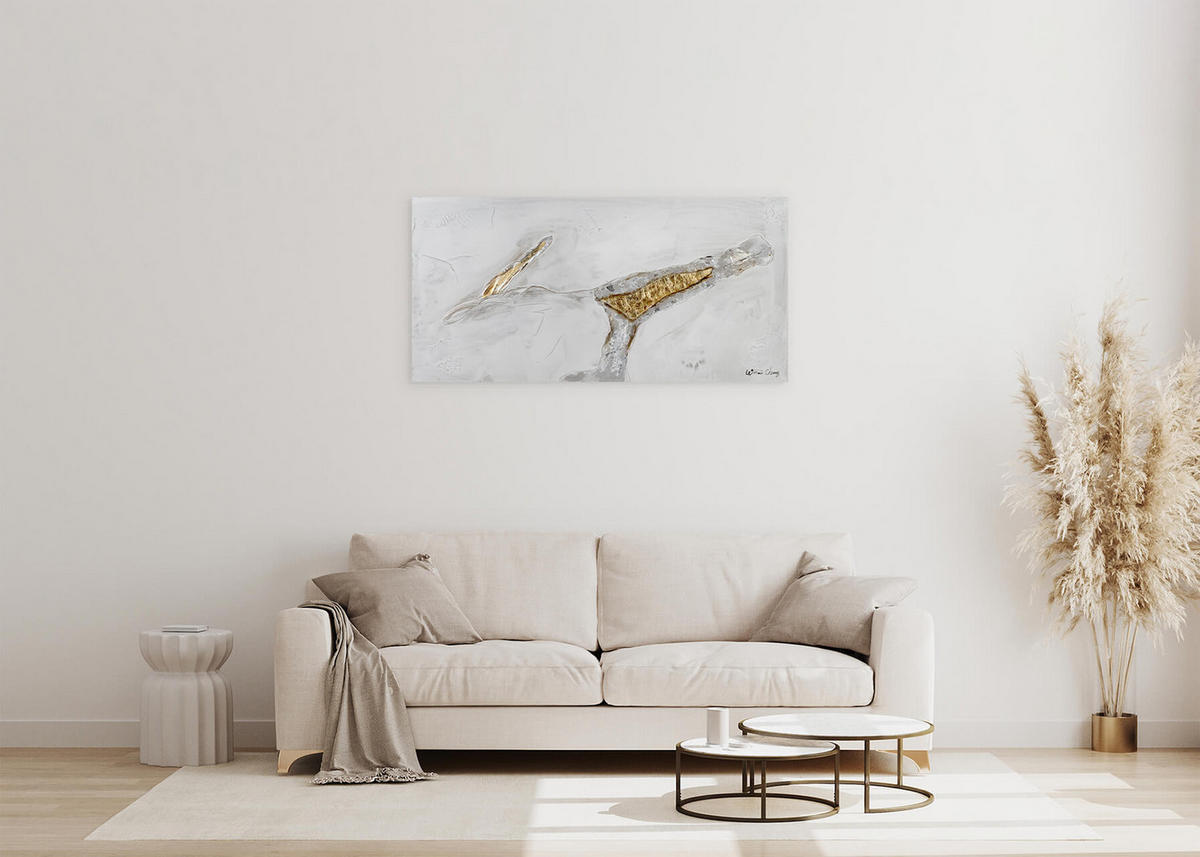 RUČNE MAĽOVANÝ AKRYLOVÝ OBRAZ 100/50 cm, biely/zlatý, abstraktný geometrický motív - biela/zlatá, drevo/textil (100/50cm) - KUNSTLOFT