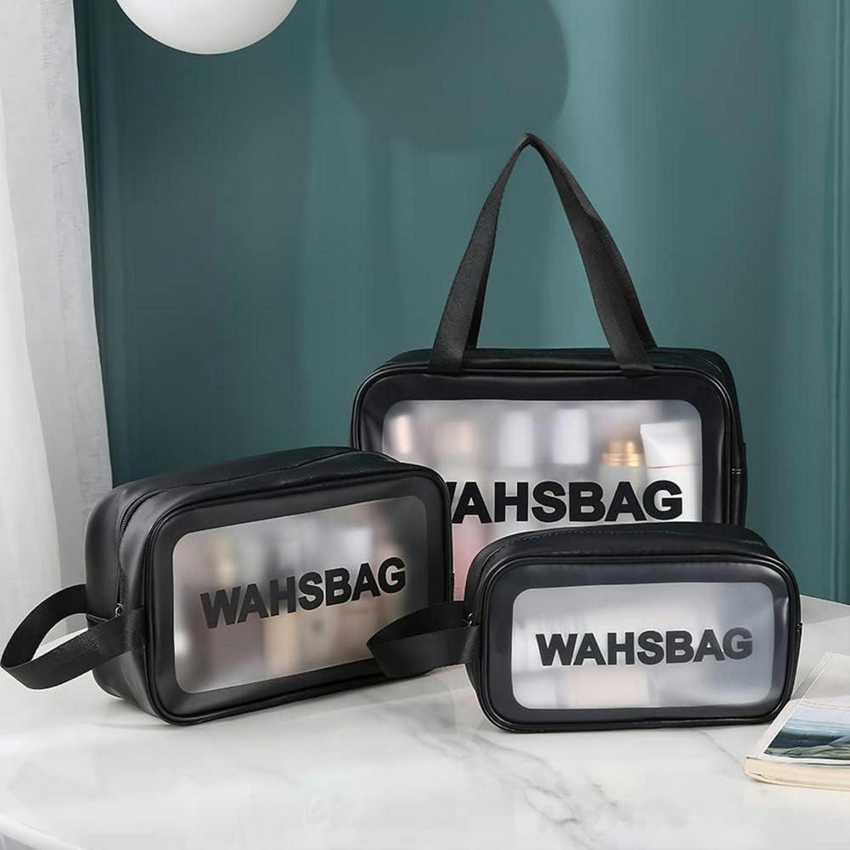 KULTURBEUTEL 3-teiliges Set Transparent Schwarz - Schwarz, Kunststoff (22.5/3.8/32cm)