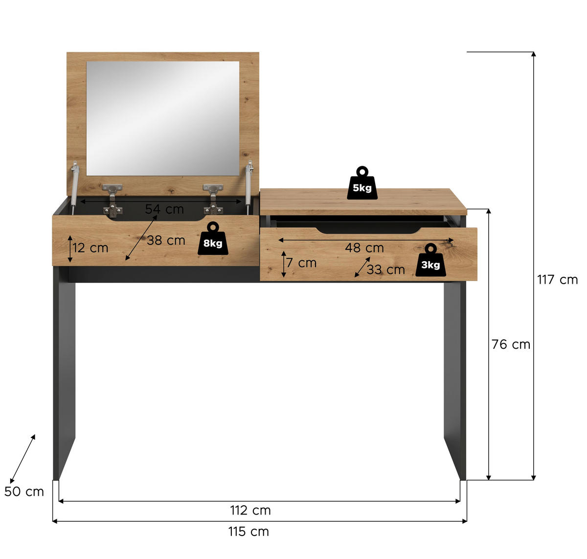 SCHMINKTISCH Canu Artisan 115/50/76 cm - Grau, Holzwerkstoff (115/76/50cm) - Xonox