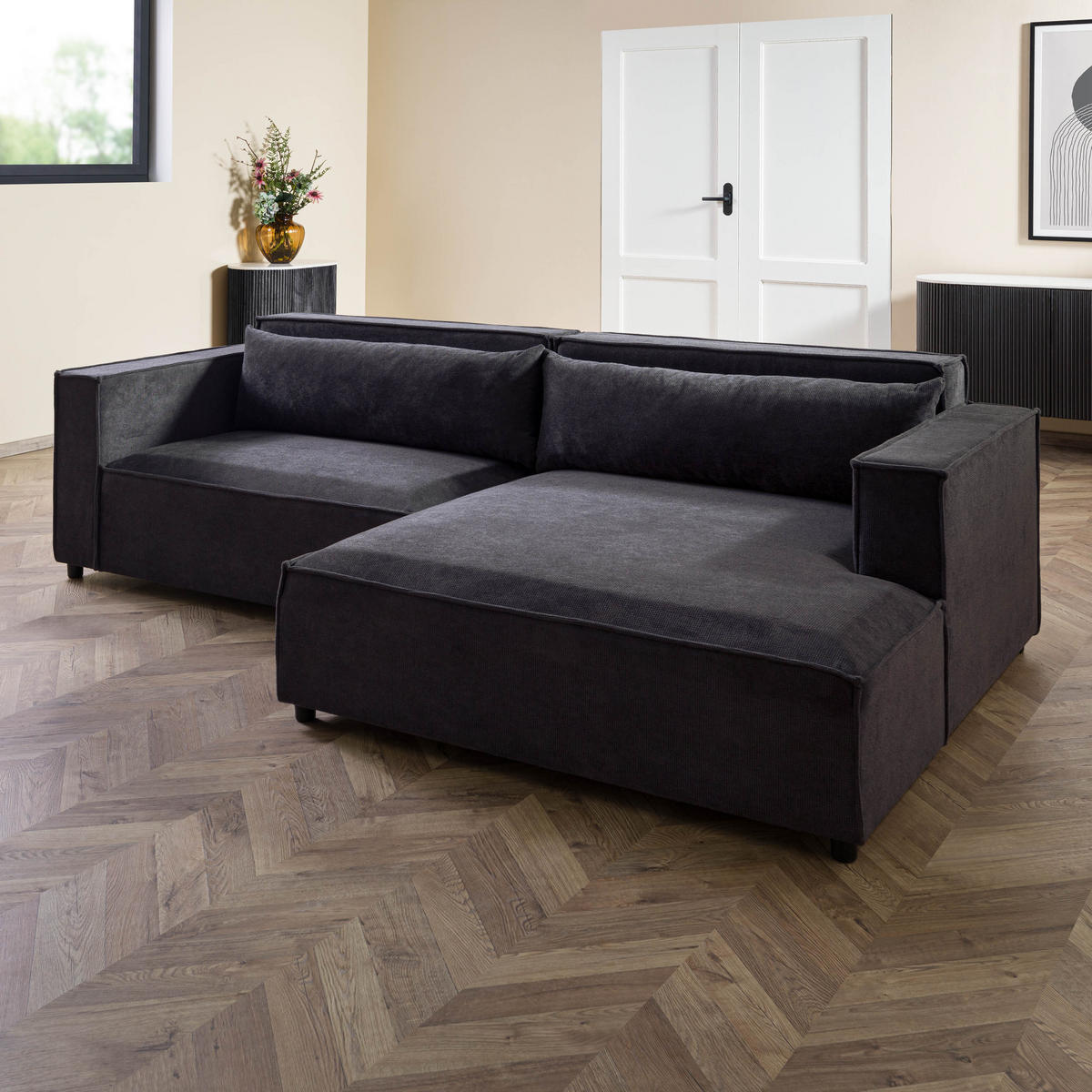 ECKSOFA Ottomane rechts Geflechtstoff 266x150x80 anthrazit FINN - Anthrazit, Textil (266/150cm) - Massivmoebel24
