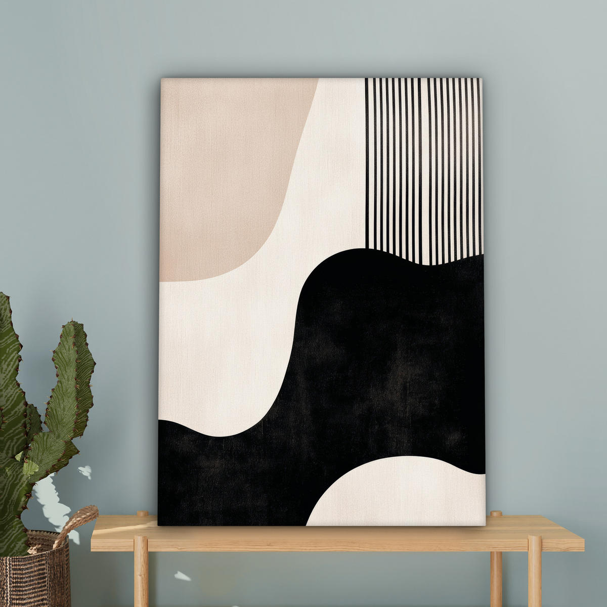 LEINWANDBILD Abstrakt - Japandi - Beige - Modern 60x80 cm - Schwarz, Textil (60/80cm) - MuchoWow