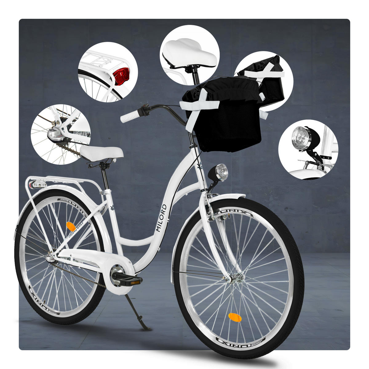 CITY-FAHRRAD Milord mit Metallkorb, 26 Zoll, Weiß, 3-Gang - Weiß, Metall (46cm) - Milordbikes