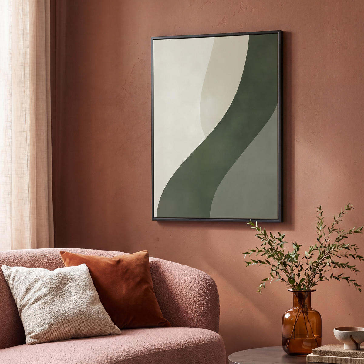 LEINWAND Bilder mit Rahmen - Japandi - Grün - Abstrakt - Modern - 70x100 - Salbeigrün, Textil (70/100cm) - MuchoWow