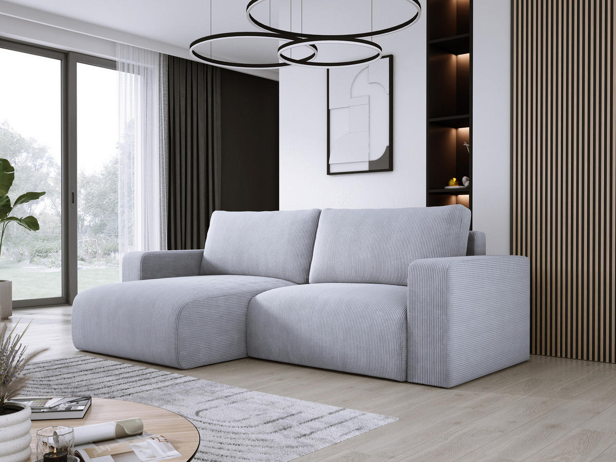 ECKSOFA Carl L-förmig Schlaffunktion und Bettkasten weicher Cordstoff flexibel stellbar lose Rückenkissen freistehend LINKS 143x247x83cm Silver - Silberfarben, Holz/Textil (143/247cm) - DomoHome