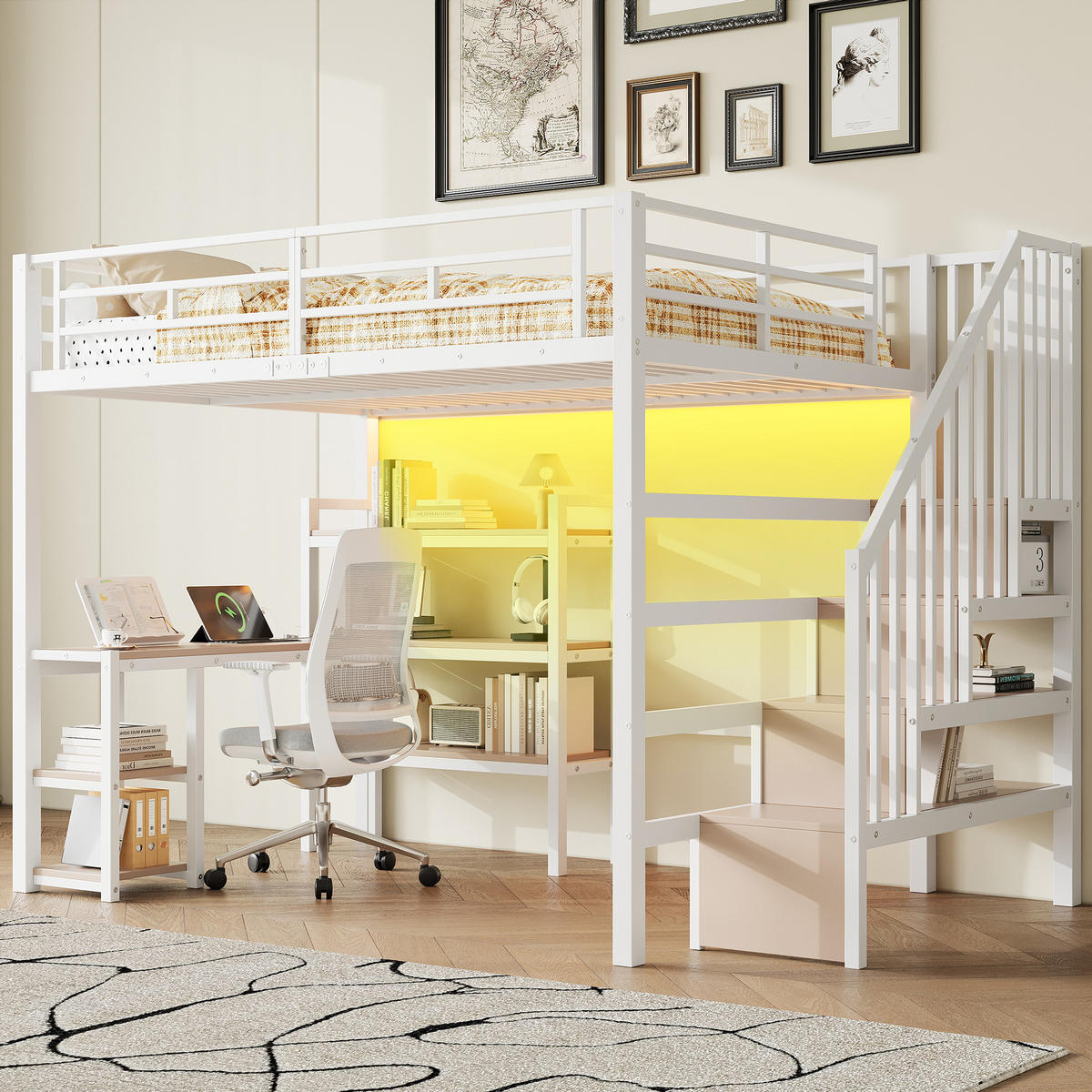 HOCHBETT 140/200 cm in Weiß mit Treppe, Schreibtisch, Regal, LED und USB - Weiß, Holzwerkstoff/Metall (140/200cm) - STILVORA
