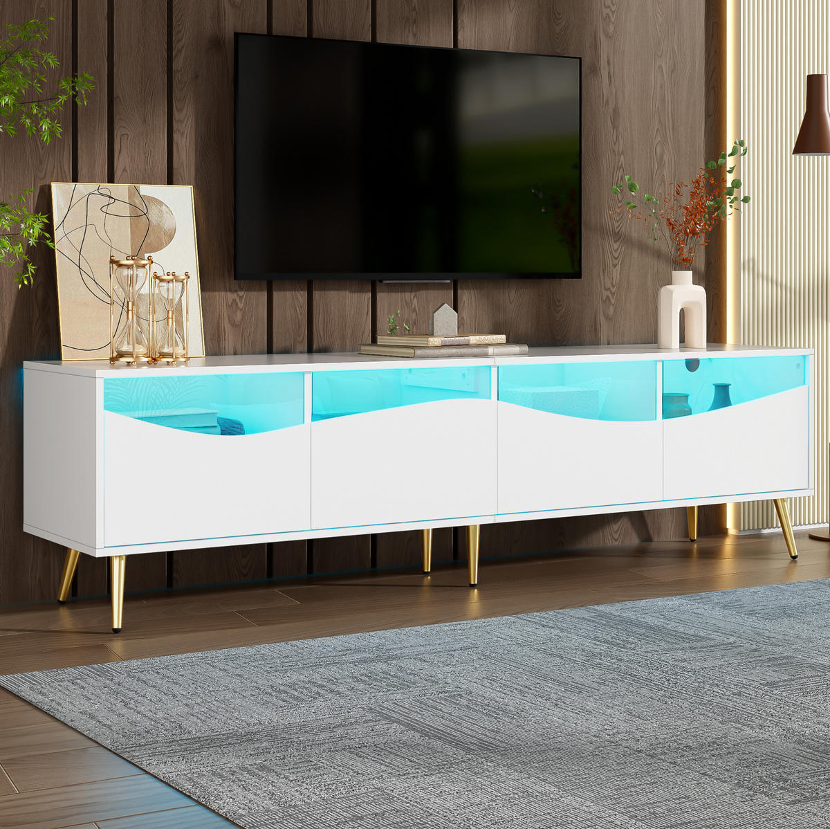 TV-SCHRANK in Weiß mit Glasfronten, LED und goldfarbenen Metallfüßen 180/40/50 cm - Weiß, Holzwerkstoff (180/50/40cm) - Redom