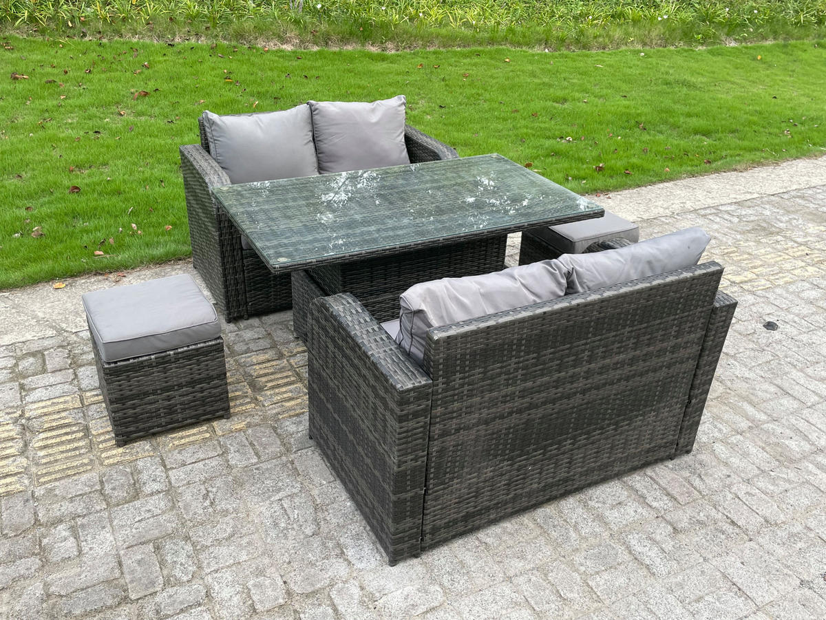 GARTENMÖBEL SET mit Esstisch Polyrattan 6-Sitzer - Dunkelgrau/Grau, Glas/Kunststoff - Fimous