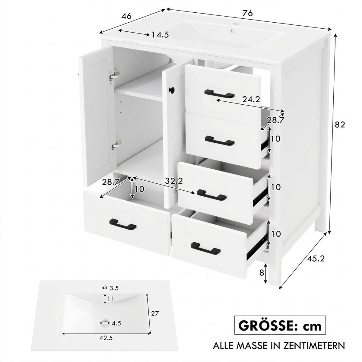 WASCHTISCHKOMBI 76/46/82 cm Weiß mit 4 Schubladen, ohne Wasserhahn - Schwarz/Weiß, Holz/Holzwerkstoff (46/82/76cm) - Oxeza