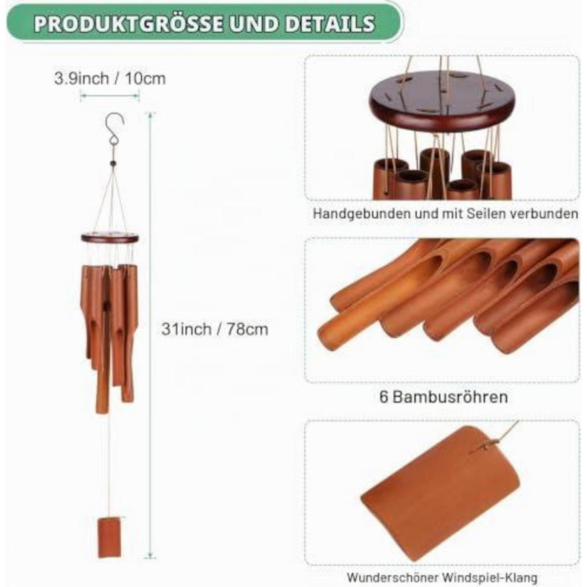 WINDSPIEL Bambus 6 Rohre 78 cm - Braun, Naturmaterialien (78/12.7/12.7cm)