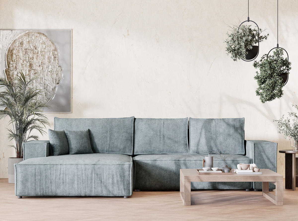 ECKSOFA Maze Hellblau Chenille-Stoff - Links Seite - Schwarz/Hellblau, Holz/Holzwerkstoff (185/294cm) - Maison de Reve