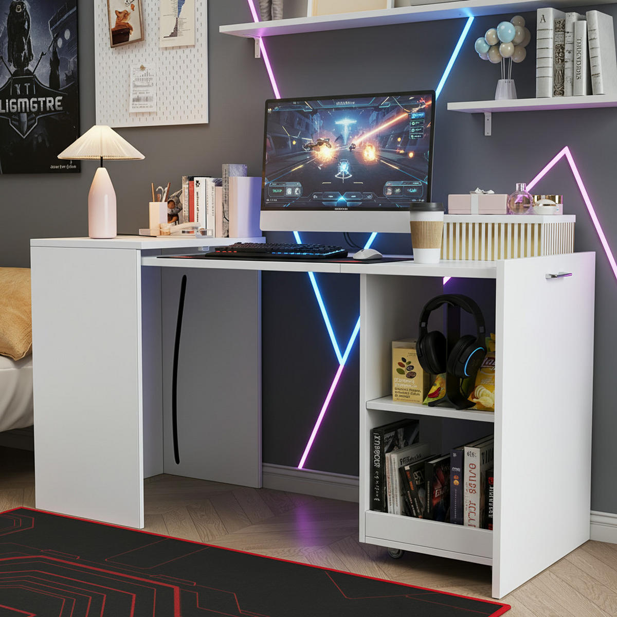 ECKSCHREIBTISCH Klapptisch mit Schrankfunktion Platzsparend mit Rollen für Arbeitszimmer Weiß 126 x 55 x 72,5 cm - Weiß, Holzwerkstoff (126/55/75cm) - EVRYAE