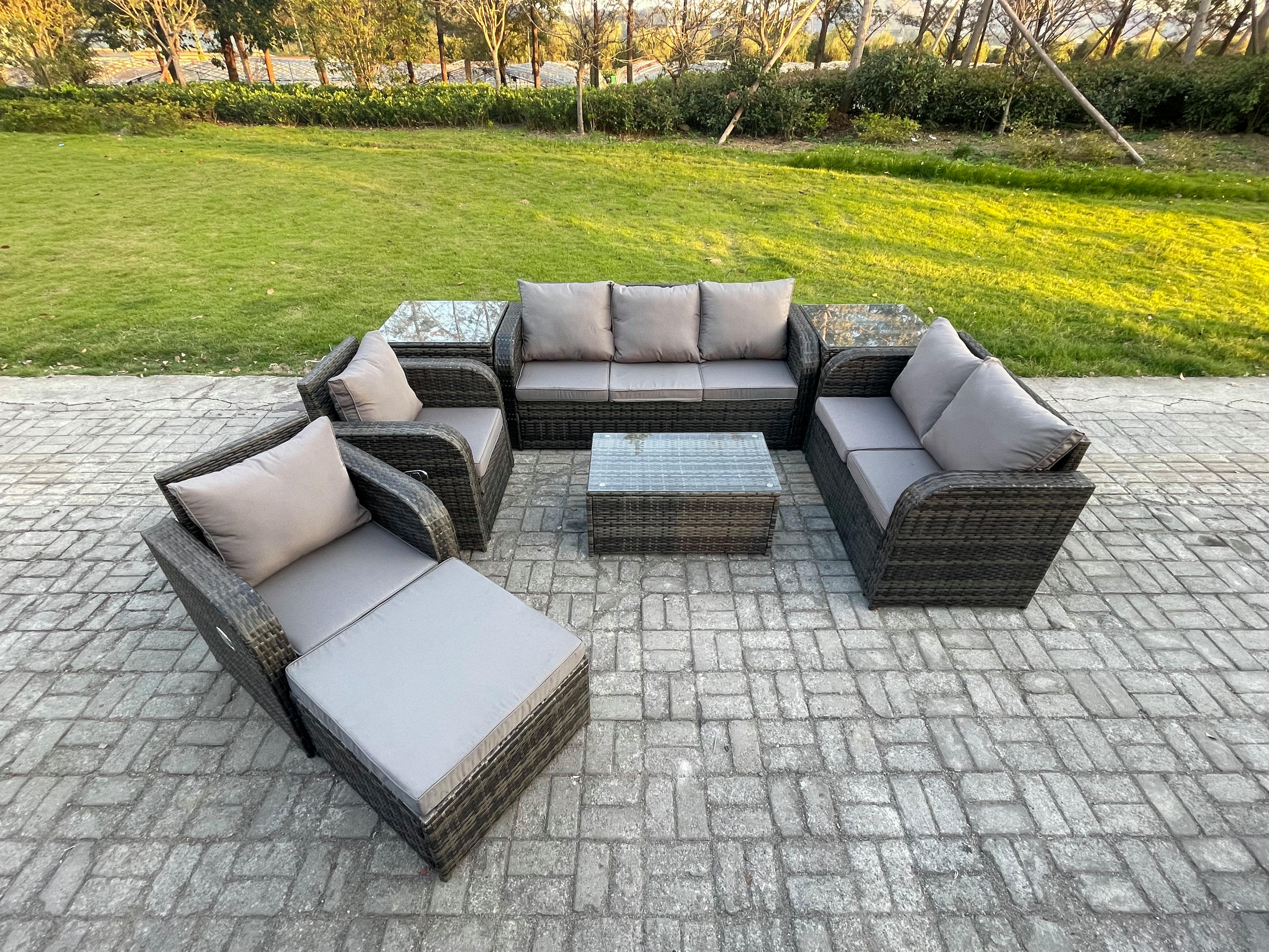 GARTENMÖBELSET mit Couchtisch Polyrattan 8-Sitzer - Dunkelgrau/Grau, Glas/Kunststoff - Fimous