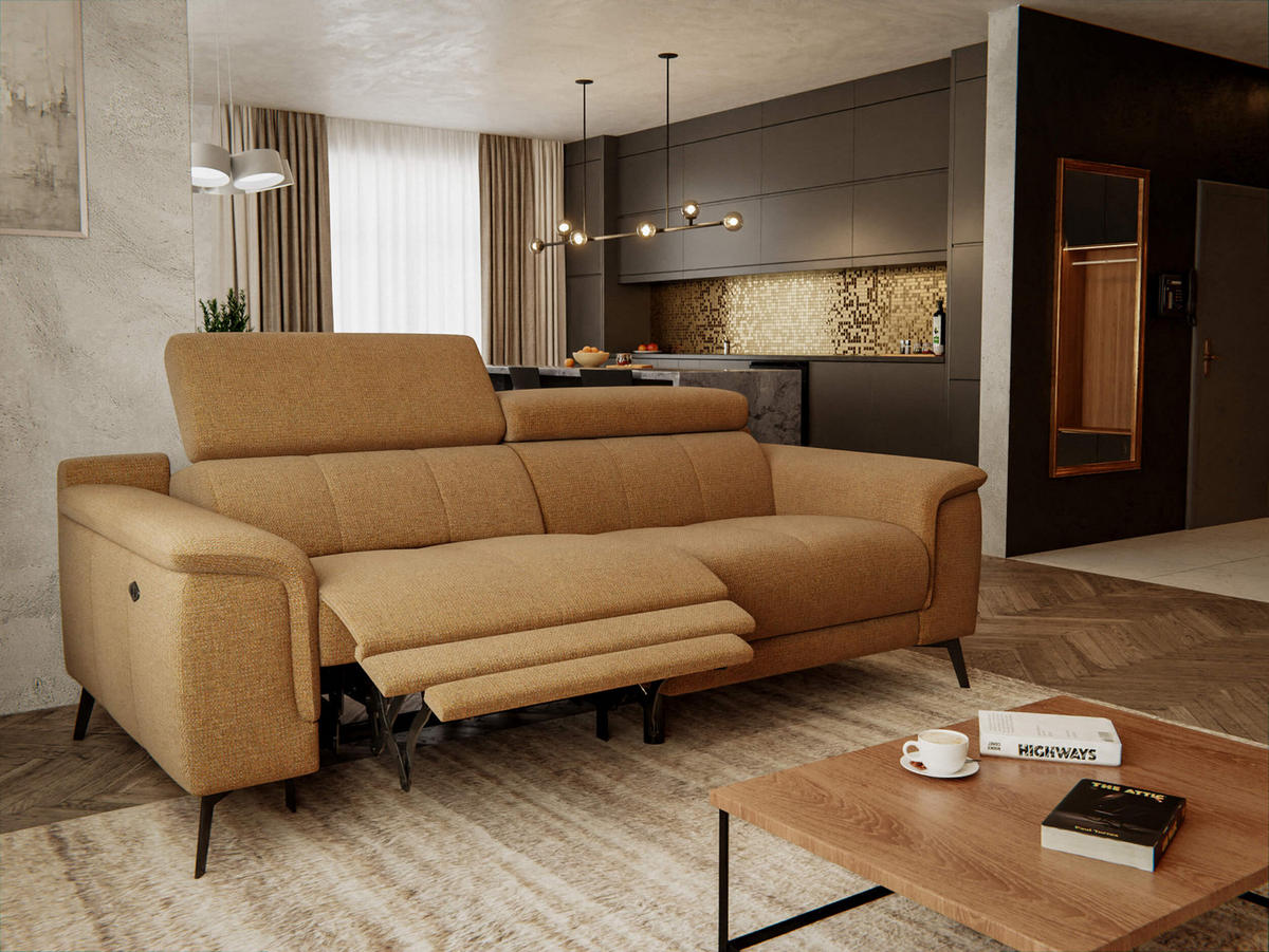 RELAXSOFA FIERO 3-Sitzer mit 1 Relaxfunktion, orange - Schwarz/Orange, Holzwerkstoff/Textil (212/82/103cm) - Courtois Laville