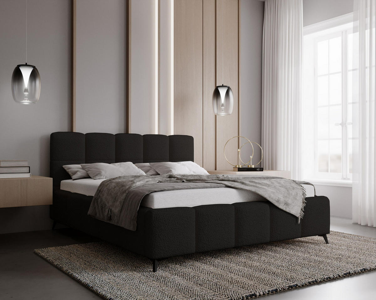 DOPPELBETT 140x200 mit Bettkasten Kastilo, Boucle, Schwarz - Schwarz, Holz/Textil (140/200cm) - Emporius