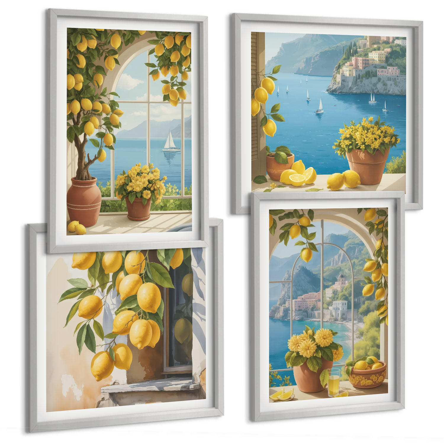 BILDER SET 4er Set - 50x50 cm & 40x60 cm Silberner Rahmen - Meereslandschaften, Zitronen, Fenster - Silberfarben, Kunststoff (50/50cm) - TULUP