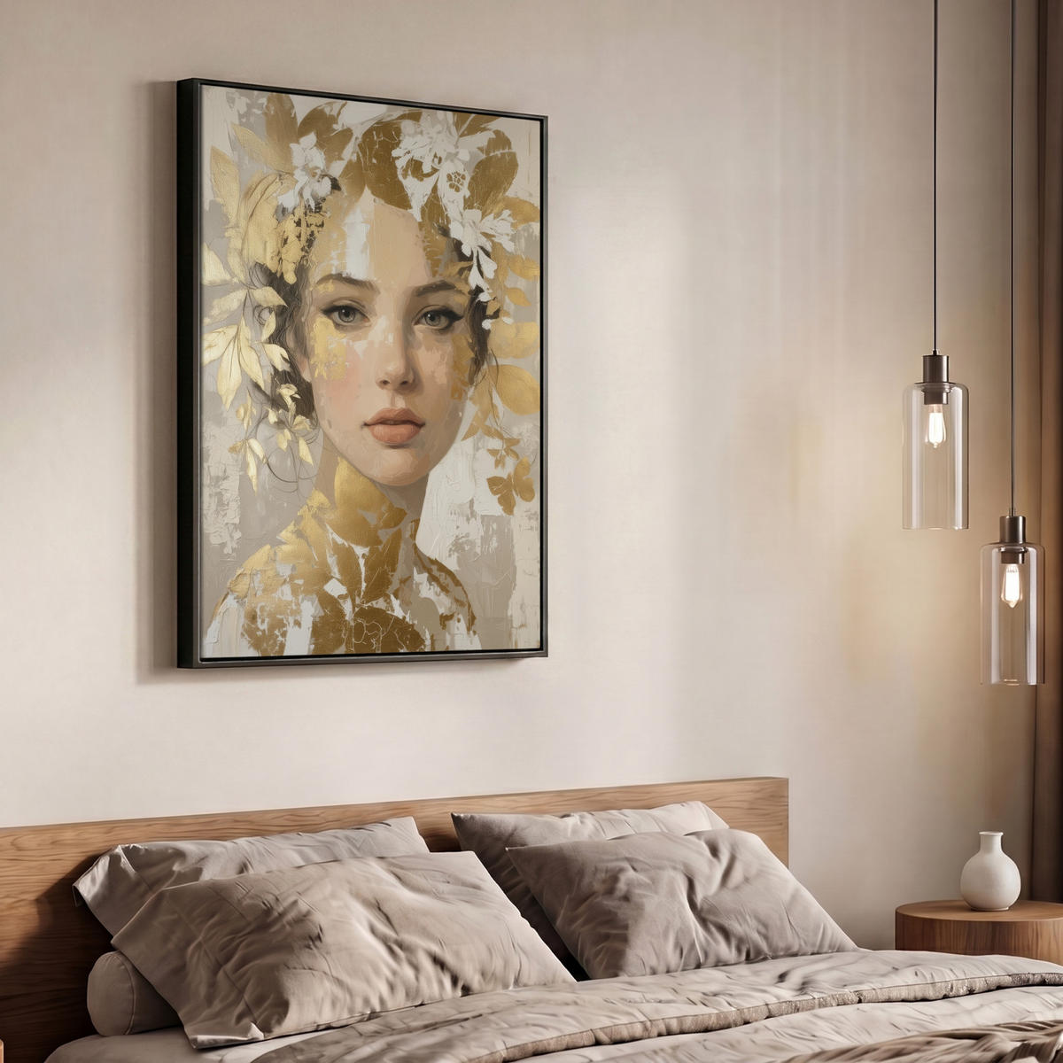 LEINWAND Bilder mit Rahmen - Gesicht - Frau - Blätter - Gold - 70x100 - Beige, Textil (70/100cm) - MuchoWow