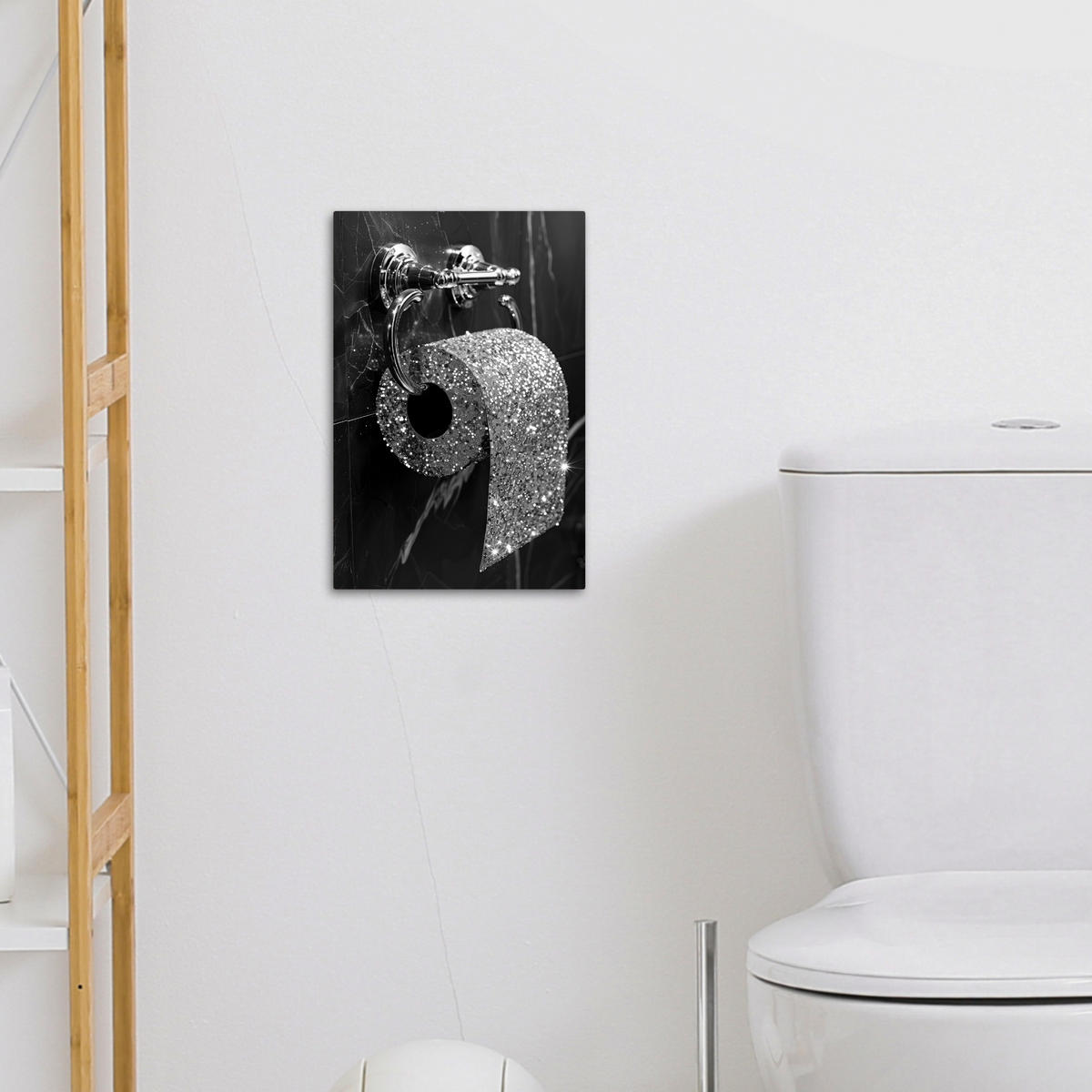 LEINWANDBILD WC - Toilettenpapier - Schwarz und weiß - Glitter 20x30 cm - Silberfarben, Textil (20/30cm) - MuchoWow