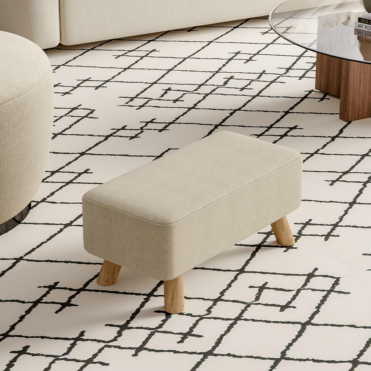 POLSTERHOCKER 57/28/25.7 cm Rechteckig Eichenholzbeine Leinen Beige - Beige/Naturfarben, Eichenholz/Holz (57/25.7/28cm) - Livingandhome