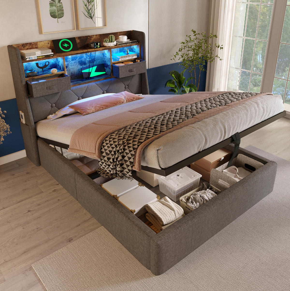 POLSTERBETT 90/200 cm Grau mit Stauraum und LED, USB- und Type-C-Anschlüssen - Grau, Textil (90/200cm) - Flora Grace