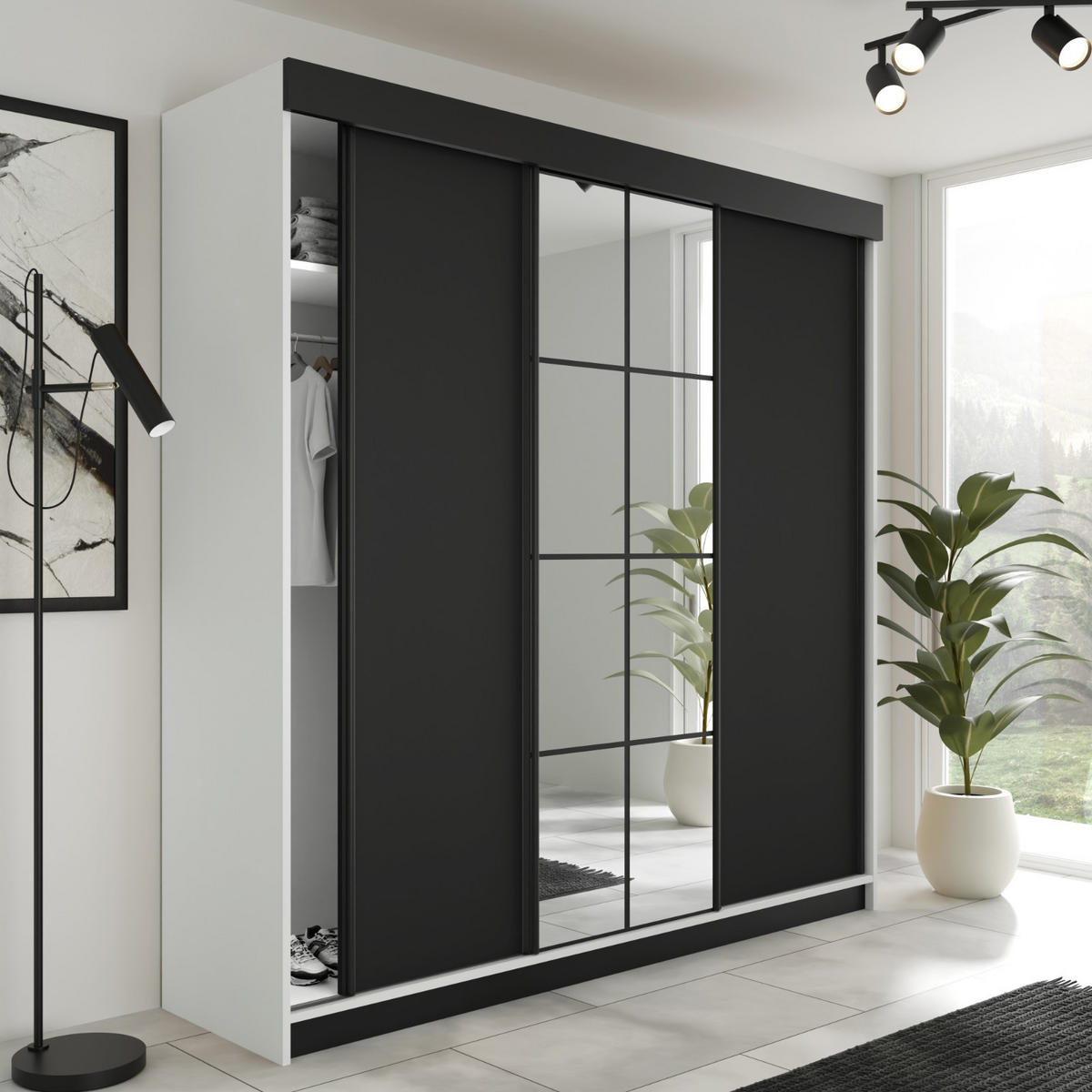 SCHIEBETÜRENSCHRANK LAMARO - 200x205x59cm - Weiß & Schwarz - Schwarz/Weiß, Holzwerkstoff (200/205/59cm) - Kier Furniture