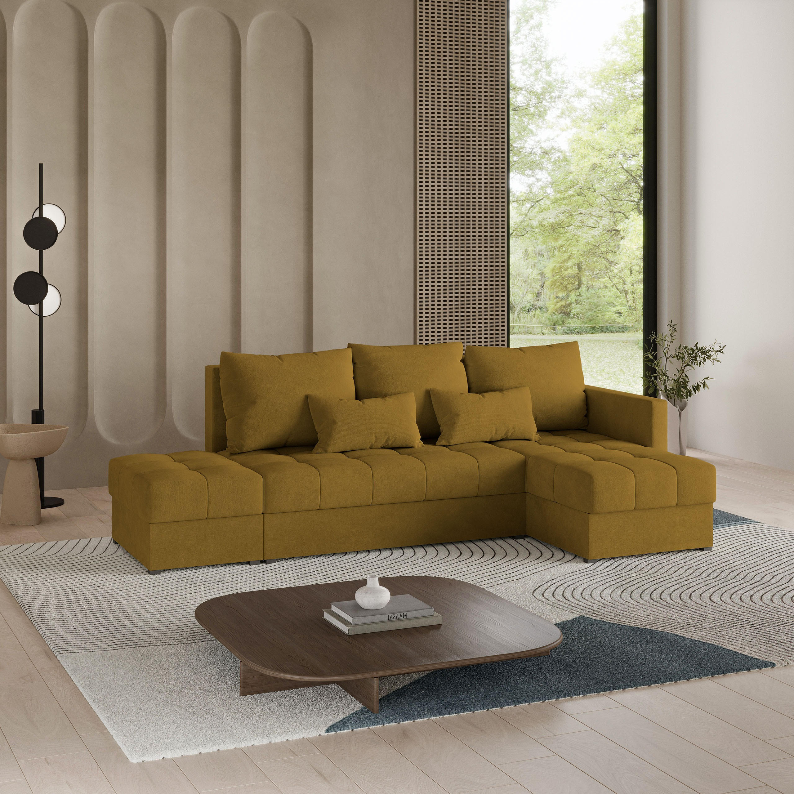 ECKSOFA LUMARI R-S Gelb Plüsch-Stoff mit Schlaffunktion - Gelb, Holz (262/143cm) - MASSENO