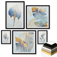 WANDBILDER 5er-Set - 50x50 cm & 20x30 cm & 40x60 cm Schwarzer Rahmen - Blaue Blumen im Hintergrund - Schwarz, Kunststoff (40/60cm) - ArtPrintCave